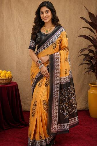  yellow black chanderi cotton blend printed  1 minute ready to wear saree with unstitched blouse piece
