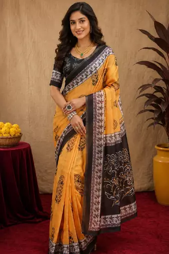  yellow black chanderi cotton blend printed  1 minute ready to wear saree with unstitched blouse piece