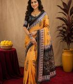  yellow black chanderi cotton blend printed  1 minute ready to wear saree with unstitched blouse piece