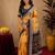  yellow black chanderi cotton blend printed  1 minute ready to wear saree with unstitched blouse piece