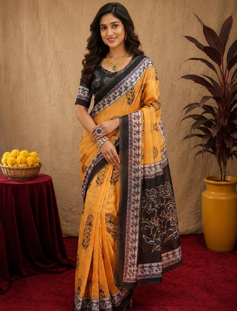  yellow black chanderi cotton blend printed  1 minute ready to wear saree with unstitched blouse piece