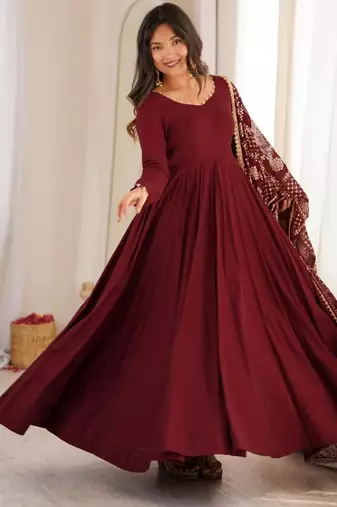 Maroon silk blend embroidered anarkali set