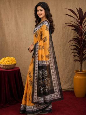  yellow black chanderi cotton blend printed  1 minute ready to wear saree with unstitched blouse piece 2