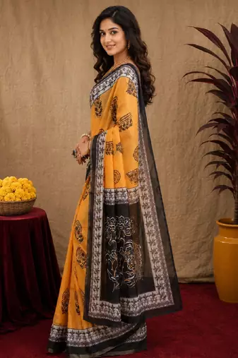  yellow black chanderi cotton blend printed  1 minute ready to wear saree with unstitched blouse piece