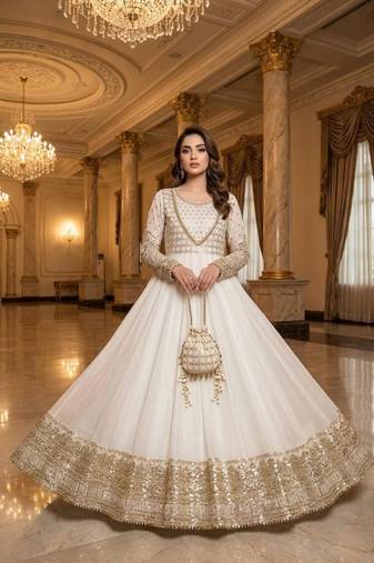 White georgette embroidered flared gown set
