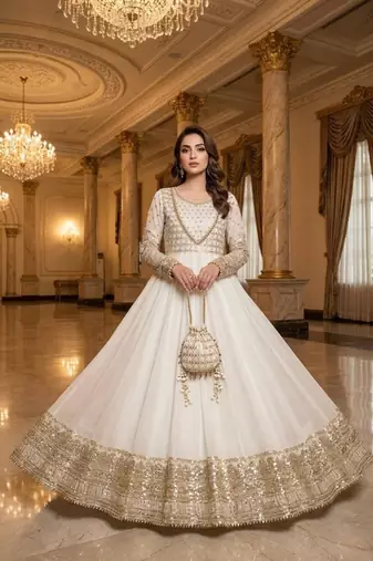 White georgette embroidered flared gown set