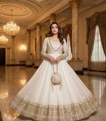White georgette embroidered flared gown set