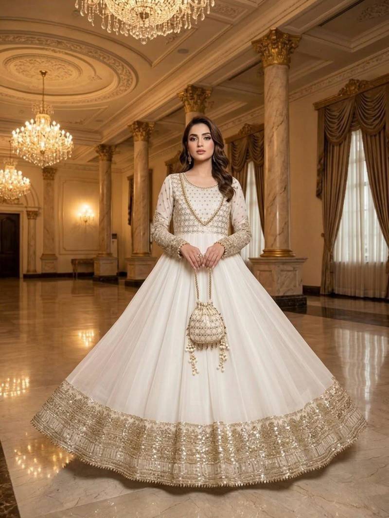 White georgette embroidered flared gown set