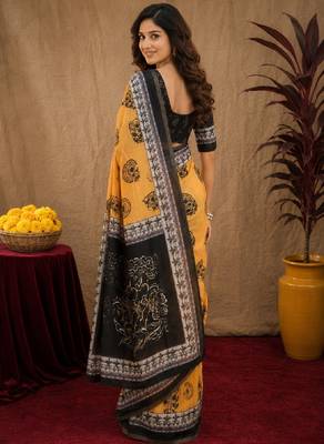  yellow black chanderi cotton blend printed  1 minute ready to wear saree with unstitched blouse piece 3