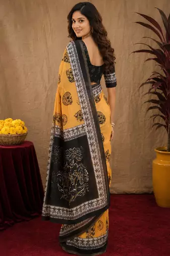 yellow black chanderi cotton blend printed  1 minute ready to wear saree with unstitched blouse piece