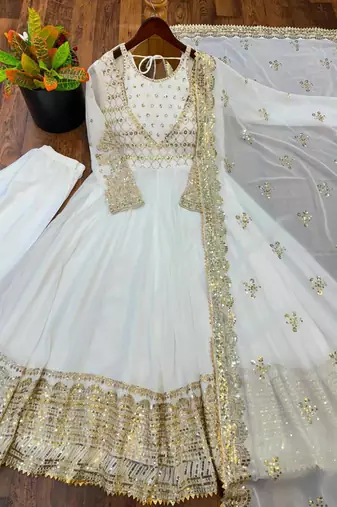 White georgette embroidered flared gown set