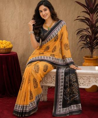  yellow black chanderi cotton blend printed  1 minute ready to wear saree with unstitched blouse piece 4