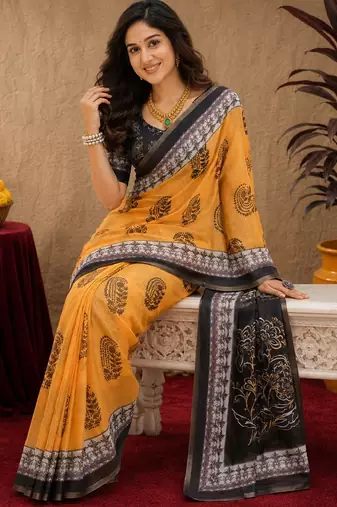  yellow black chanderi cotton blend printed  1 minute ready to wear saree with unstitched blouse piece