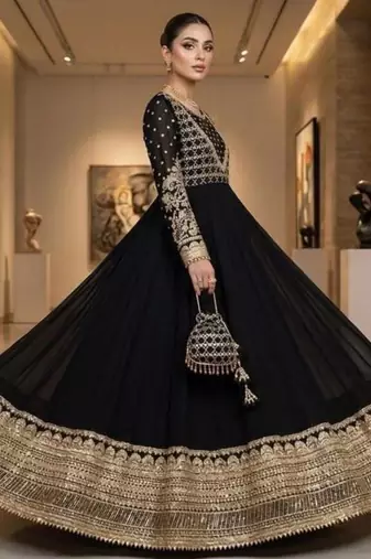 Black georgette embroidered flared gown set