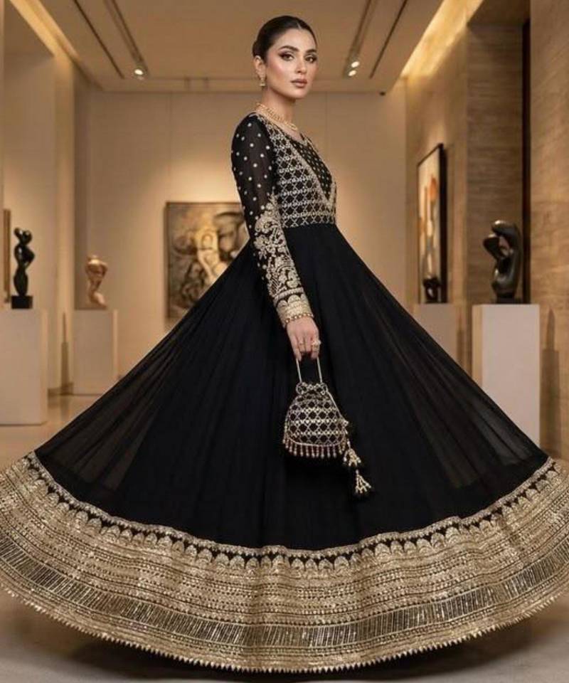 Black georgette embroidered flared gown set