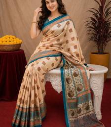  peach turquoise chanderi cotton blend printed  1 minute ready to wear saree with unstitched blouse piece