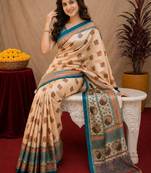  peach turquoise chanderi cotton blend printed  1 minute ready to wear saree with unstitched blouse piece