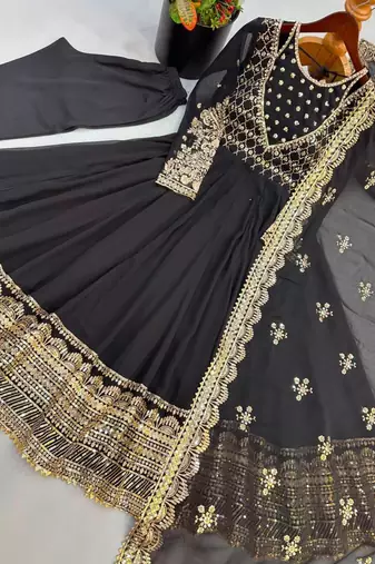 Black georgette embroidered flared gown set