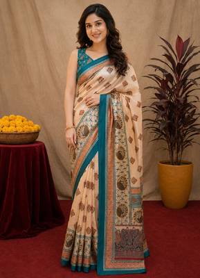  peach turquoise chanderi cotton blend printed  1 minute ready to wear saree with unstitched blouse piece 2