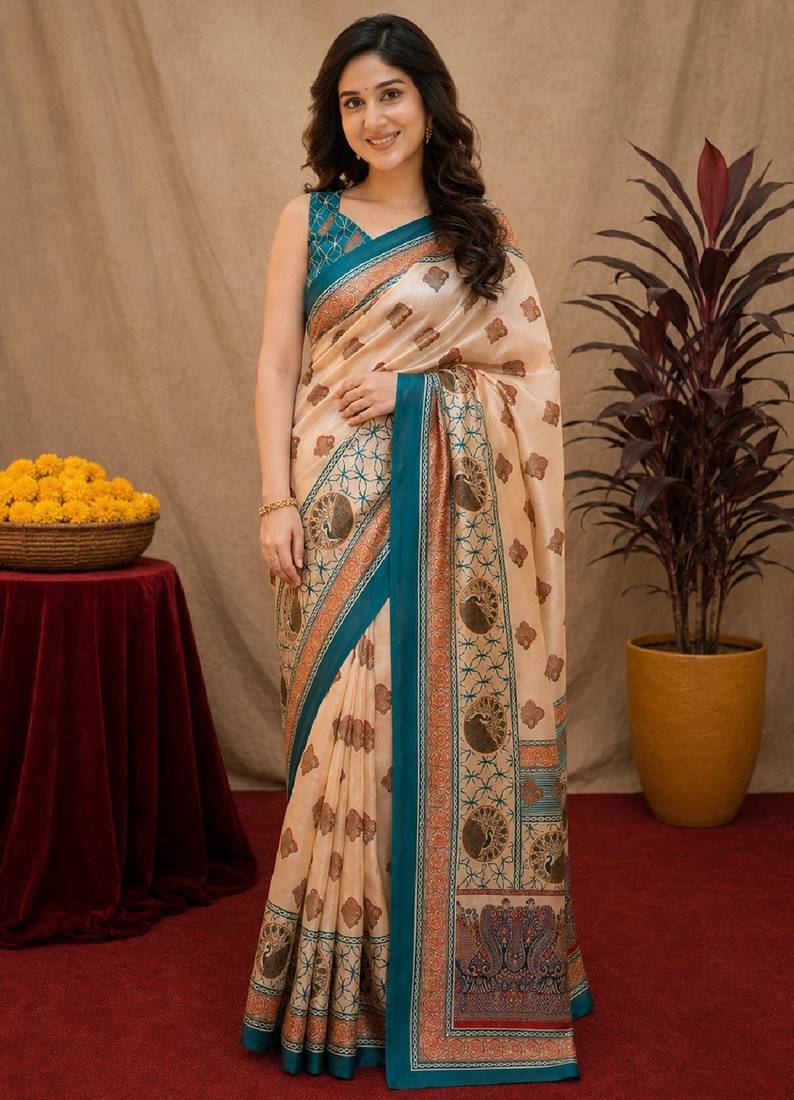  peach turquoise chanderi cotton blend printed  1 minute ready to wear saree with unstitched blouse piece