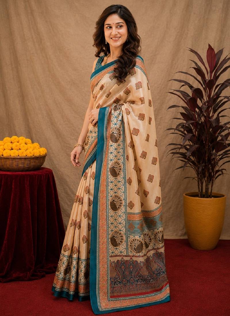 peach turquoise chanderi cotton blend printed  1 minute ready to wear saree with unstitched blouse piece