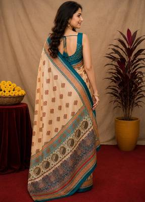  peach turquoise chanderi cotton blend printed  1 minute ready to wear saree with unstitched blouse piece 4
