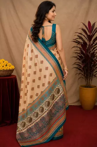  peach turquoise chanderi cotton blend printed  1 minute ready to wear saree with unstitched blouse piece