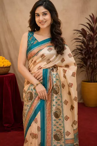  peach turquoise chanderi cotton blend printed  1 minute ready to wear saree with unstitched blouse piece