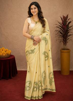  light beige chanderi cotton blend printed  1 minute ready to wear saree with unstitched blouse piece 1