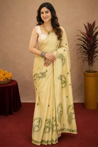  light beige chanderi cotton blend printed  1 minute ready to wear saree with unstitched blouse piece