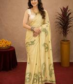  light beige chanderi cotton blend printed  1 minute ready to wear saree with unstitched blouse piece