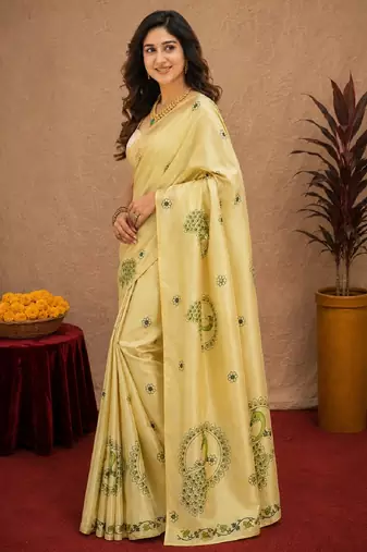  light beige chanderi cotton blend printed  1 minute ready to wear saree with unstitched blouse piece