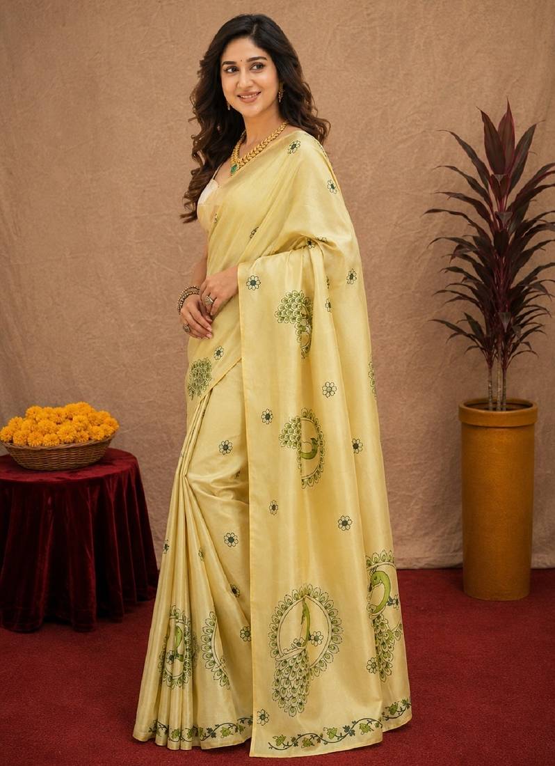  light beige chanderi cotton blend printed  1 minute ready to wear saree with unstitched blouse piece