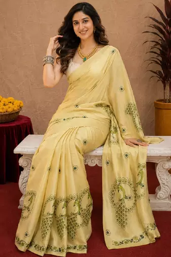  light beige chanderi cotton blend printed  1 minute ready to wear saree with unstitched blouse piece