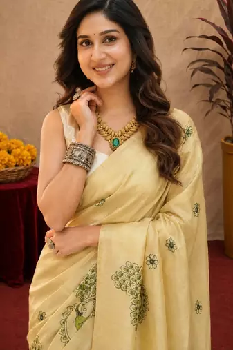  light beige chanderi cotton blend printed  1 minute ready to wear saree with unstitched blouse piece