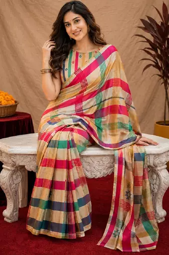  off white chanderi cotton blend printed 1 minute ready to wear saree with unstitched blouse piece