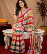  off white chanderi cotton blend printed 1 minute ready to wear saree with unstitched blouse piece