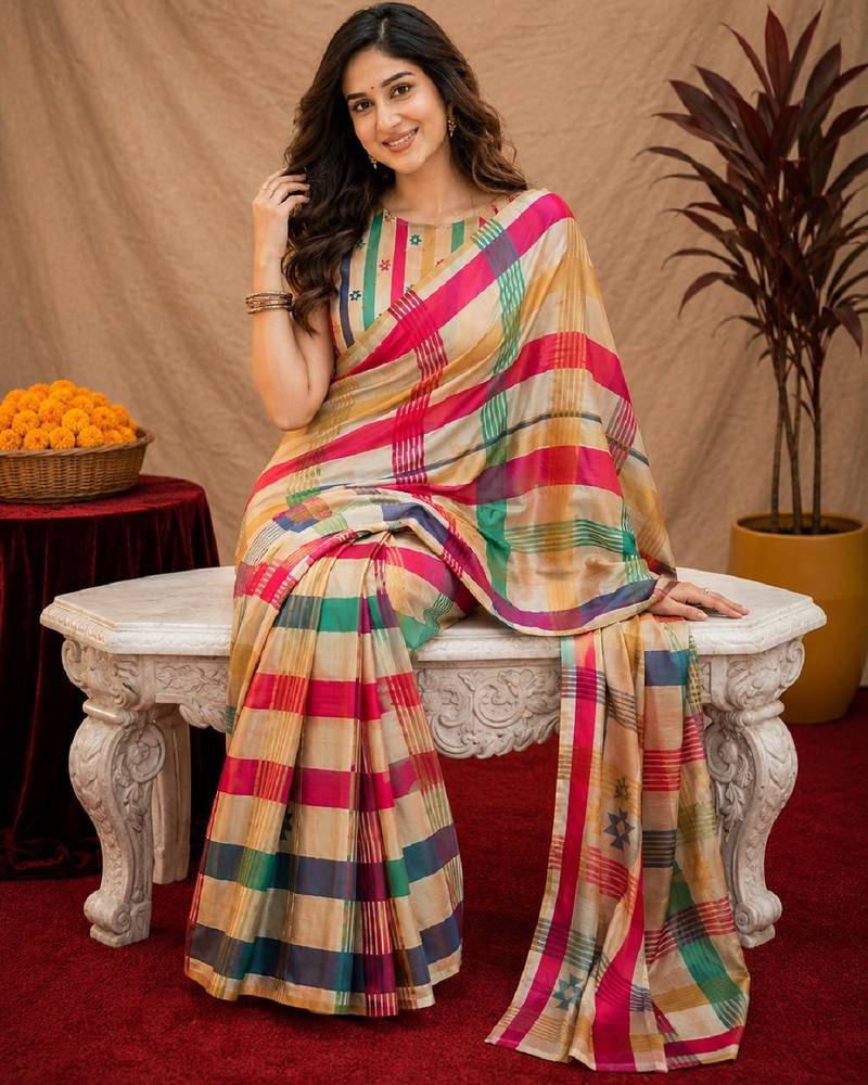  off white chanderi cotton blend printed 1 minute ready to wear saree with unstitched blouse piece