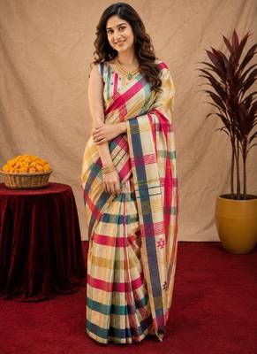  off white chanderi cotton blend printed 1 minute ready to wear saree with unstitched blouse piece 2