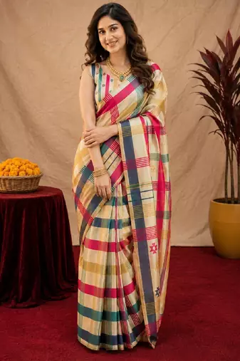  off white chanderi cotton blend printed 1 minute ready to wear saree with unstitched blouse piece