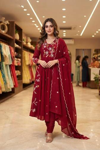 Maroon chanderi embroidered anarkali set