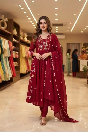 Maroon chanderi embroidered anarkali set