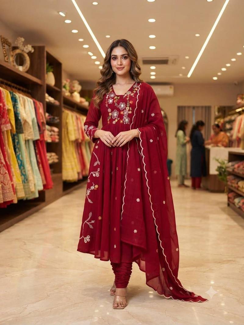 Maroon chanderi embroidered anarkali set