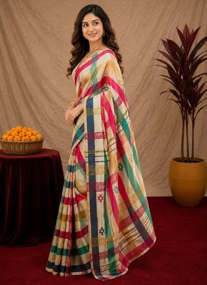  off white chanderi cotton blend printed 1 minute ready to wear saree with unstitched blouse piece 3