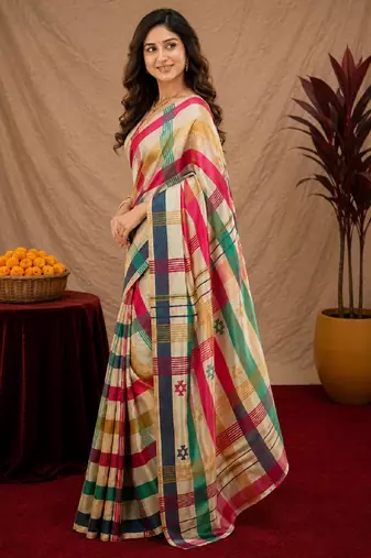  off white chanderi cotton blend printed 1 minute ready to wear saree with unstitched blouse piece