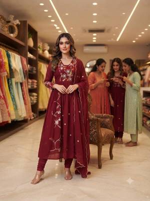 Maroon chanderi embroidered anarkali set 2
