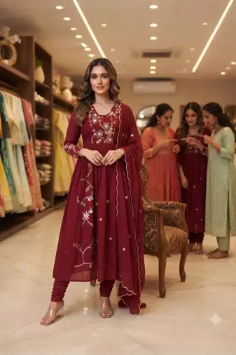 Maroon chanderi embroidered anarkali set