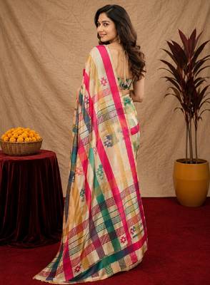  off white chanderi cotton blend printed 1 minute ready to wear saree with unstitched blouse piece 4
