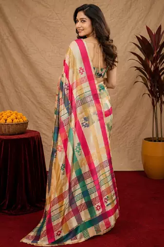  off white chanderi cotton blend printed 1 minute ready to wear saree with unstitched blouse piece