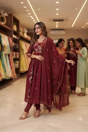 Maroon chanderi embroidered anarkali set